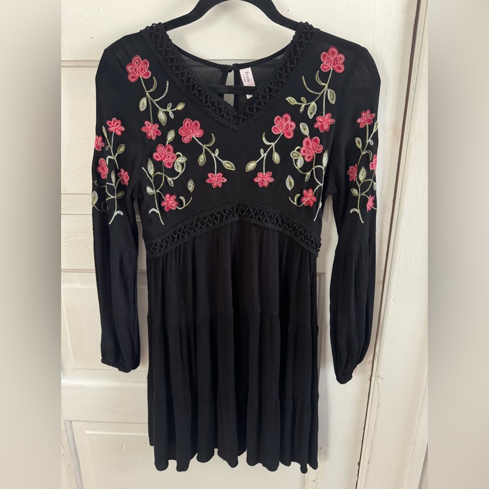 Francesca's Collections Black Dress with Pink Floral Embroidery Size XS